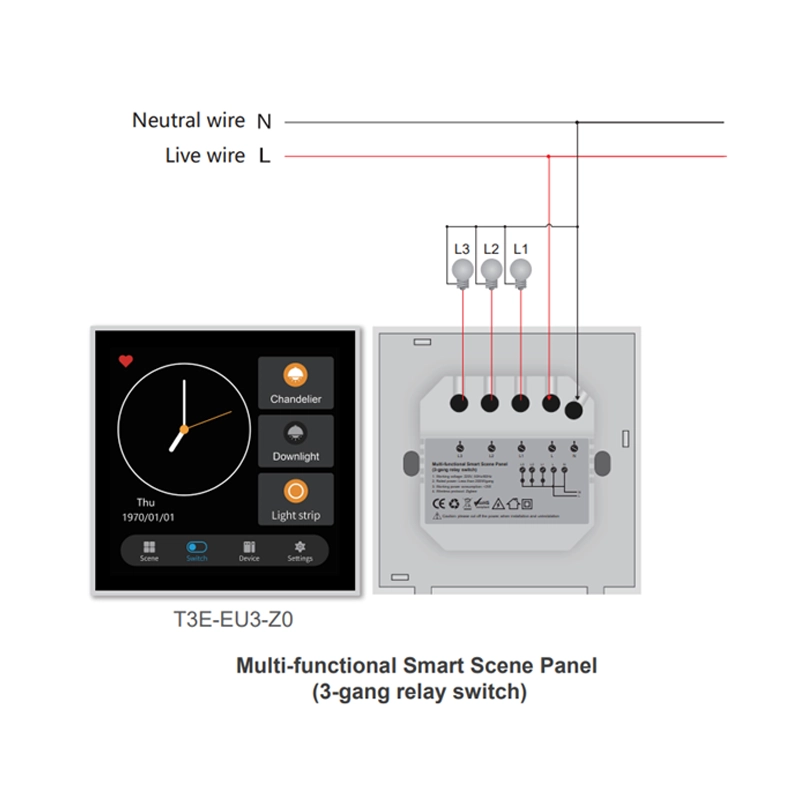 کلید دیواری هوشمند ۴ کاناله و پنل صحنه ۲ در ۱ (استاندارد چین، نصب دیواری) مدل T3E-CN4-Z0