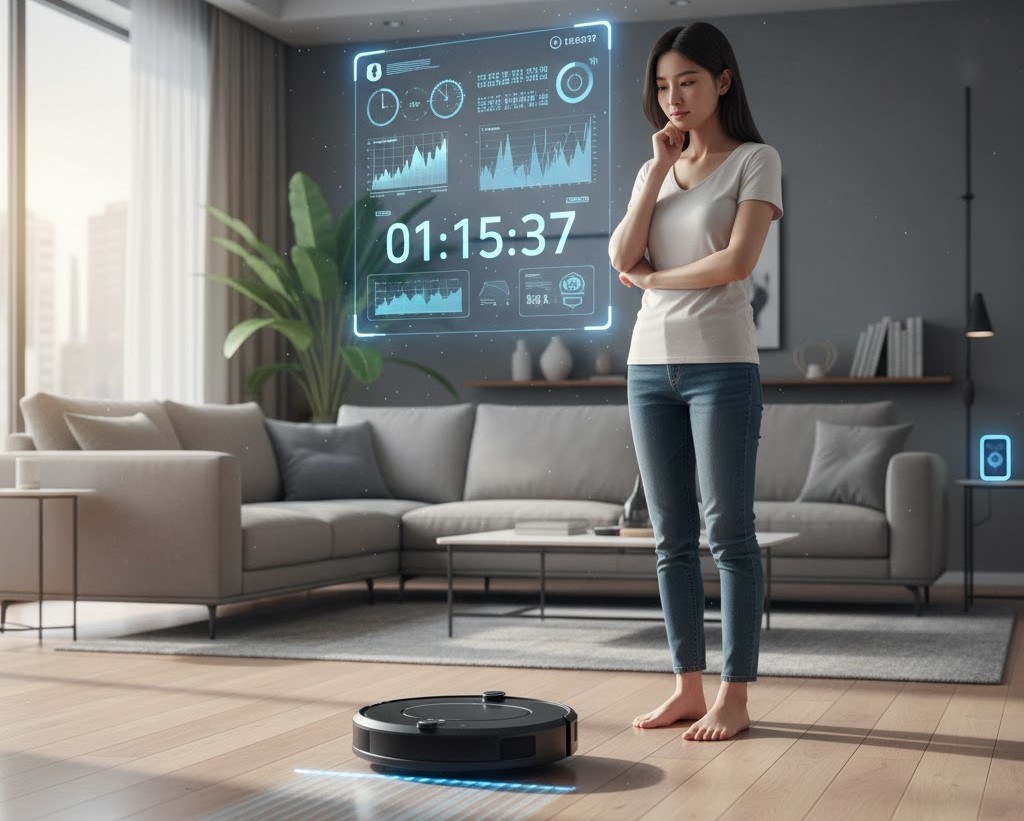 خانم خانه دار در حال محاسبه تقریبی مدت زمان تمیزکردن اسمارت هوم